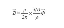 Si una corriente i(t) pasa a través de un largo conductor en el eje z, el campo magnético en un punto aleatorio p que tiene las coordenadas (r,q,z) en coordenadas cilíndricas es: