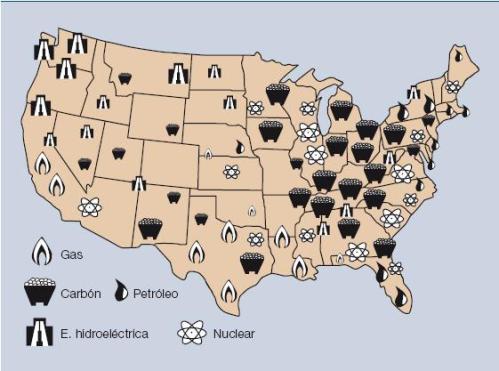 Figura 2 - Localización de centrales eléctricas en Estados Unidos (fuente: Departamento de Energía Estadounidense)