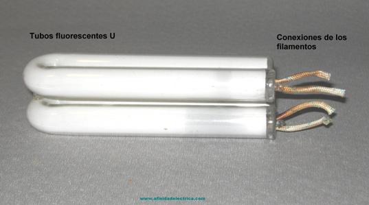 Tubo fluorescente: de unos 6 mm de diámetro aproximadamente, doblados en forma de “U” invertida, cuya longitud depende de la potencia en watt que tenga la lámpara.