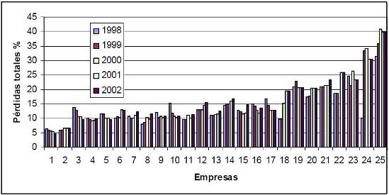 Figura 1: Pérdidas totales por empresa para los años 1998,1999, 2000, 2201 y 2002.
