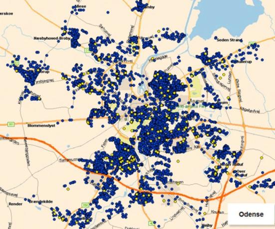Mapa de Odense - Los puntos azules indican contadores térmicos leídos y los puntos amarillos aquellos pendientes de leer.