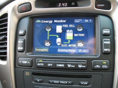 Panel de control de un automovil equipado con fuel cell.