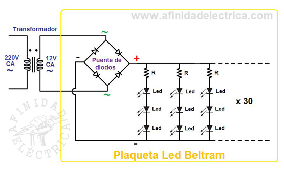 El circuito de las plaquetas led con el transformador externo queda de esta forma.
